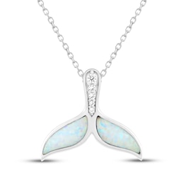 Lab-Created Opal & White Lab-Created Sapphire Whale Tail Necklace Sterling Silver 18"