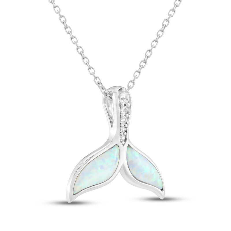 Main Image 2 of Lab-Created Opal & White Lab-Created Sapphire Whale Tail Necklace Sterling Silver 18"
