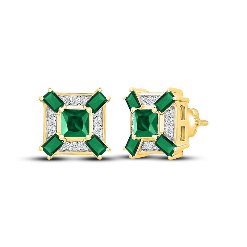 Main Image 1 of Men's Square-Cut Lab-Created Emerald & White Lab-Created Sapphire Stud Earrings 10K Yellow Gold