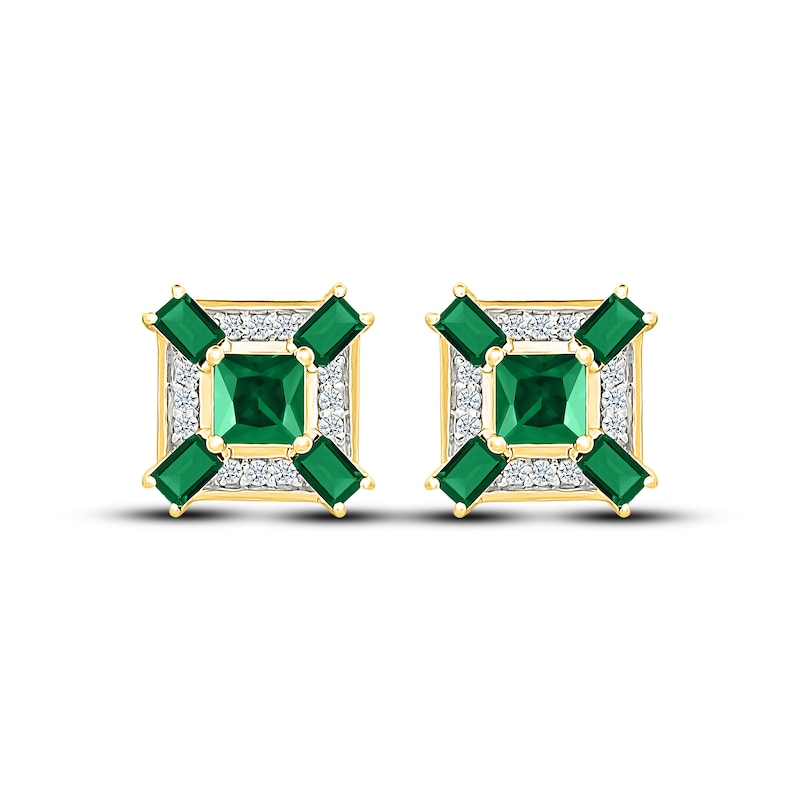 Main Image 2 of Men's Square-Cut Lab-Created Emerald & White Lab-Created Sapphire Stud Earrings 10K Yellow Gold
