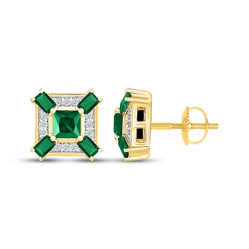 Main Image 3 of Men's Square-Cut Lab-Created Emerald & White Lab-Created Sapphire Stud Earrings 10K Yellow Gold