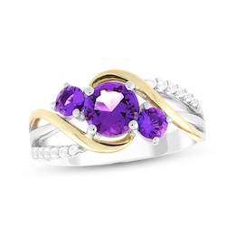 Amethyst & White Lab-Created Sapphire Three-Stone Ring Sterling Silver & 10K Yellow Gold