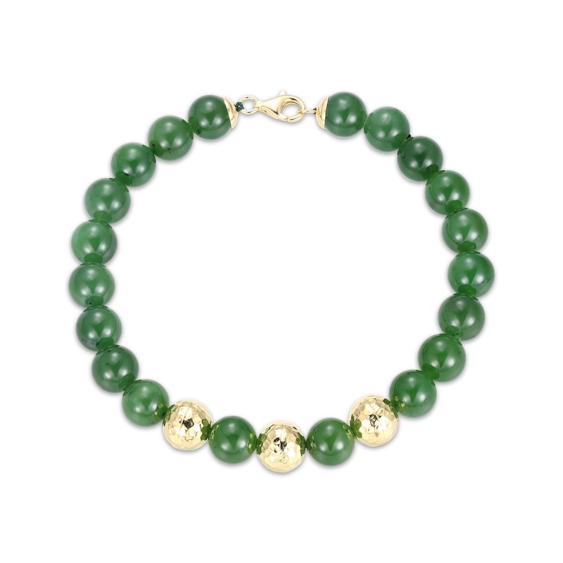 Main Image 2 of Men's Jade Bead Strand Bracelet 14K Yellow Gold 8.25"