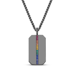 Men's Multicolor Lab-Created Gemstone Dog Tag Necklace Matte Gunmetal-Plated Sterling Silver 22"