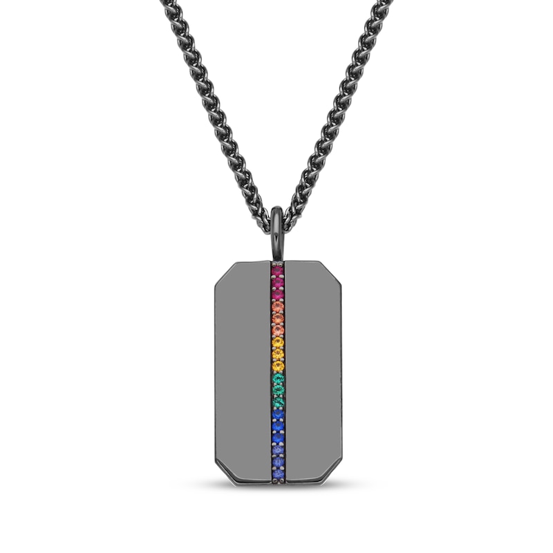 Main Image 1 of Men's Multicolor Lab-Created Gemstone Dog Tag Necklace Matte Gunmetal-Plated Sterling Silver 22"