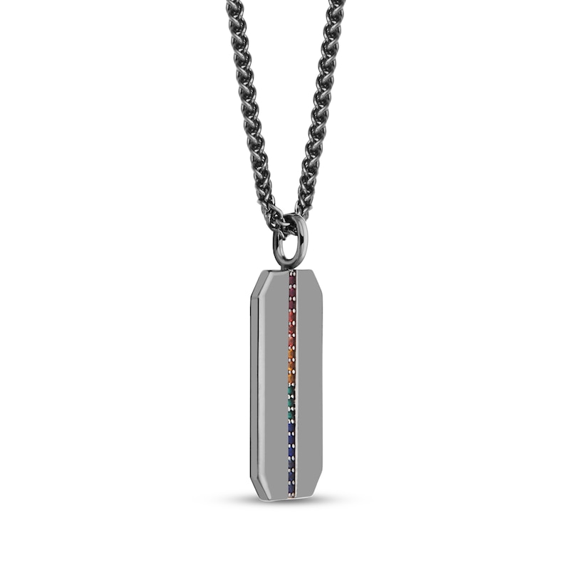 Main Image 2 of Men's Multicolor Lab-Created Gemstone Dog Tag Necklace Matte Gunmetal-Plated Sterling Silver 22"