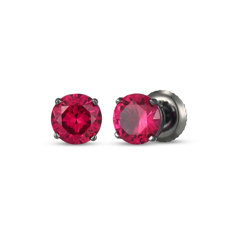 Main Image 1 of Men's Lab-Created Ruby Solitaire Stud Earrings Matte Gunmetal-Plated Sterling Silver
