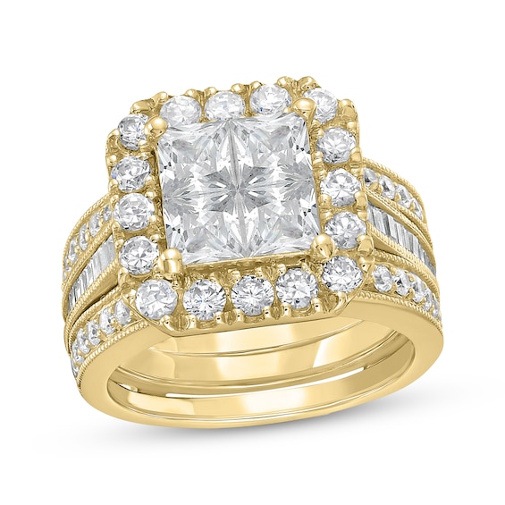 Adore Princess-Cut Quad Diamond Halo Bridal Set 3 ct tw 14K Yellow Gold