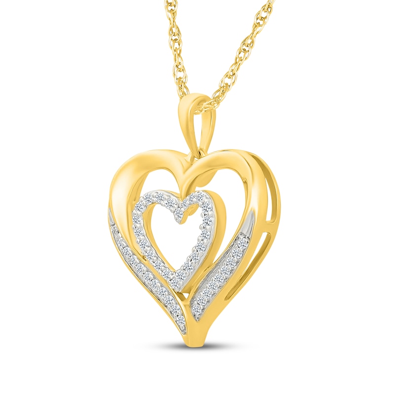 Main Image 2 of Diamond Double Heart Pendant Necklace 1/5 ct tw 10K Yellow Gold 18"