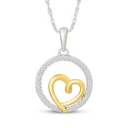 Diamond Open Circle Heart Necklace 1/8 ct tw Sterling Silver & 10K Yellow Gold 18"