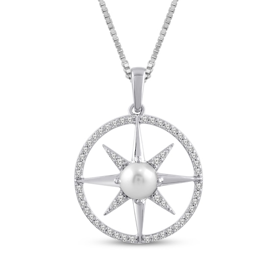 Cultured Pearl & White Lab-Created Sapphire Star Circle Necklace Sterling Silver 18"