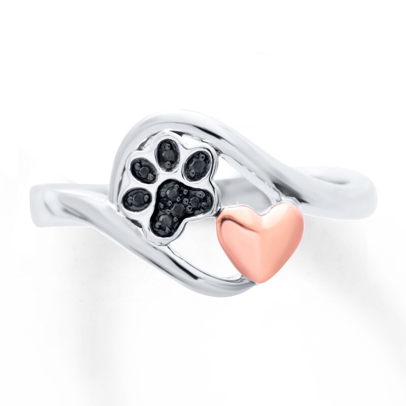 Paw Print Ring Black Diamond Accents Sterling Silver & 10K Rose Gold