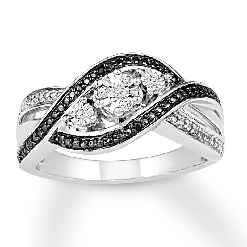 FB Jewels Solid Sterling Silver Black & White Diamond Ring 