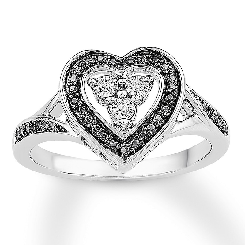 Black & White Diamond Heart Ring Sterling Silver