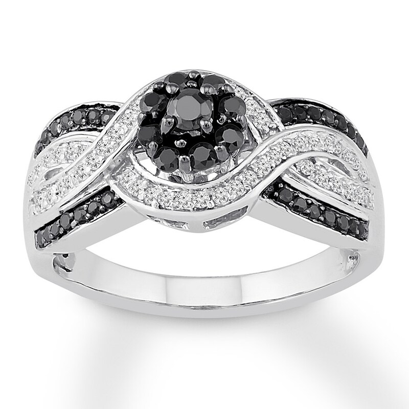 Main Image 1 of Black & White Diamond Ring 1/2 ct tw Round-cut Sterling Silver