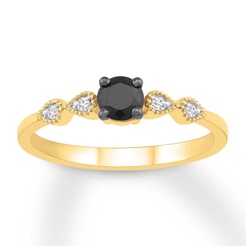 Black & White Diamond Ring 1/3 ct tw Round-cut 10K Yellow Gold