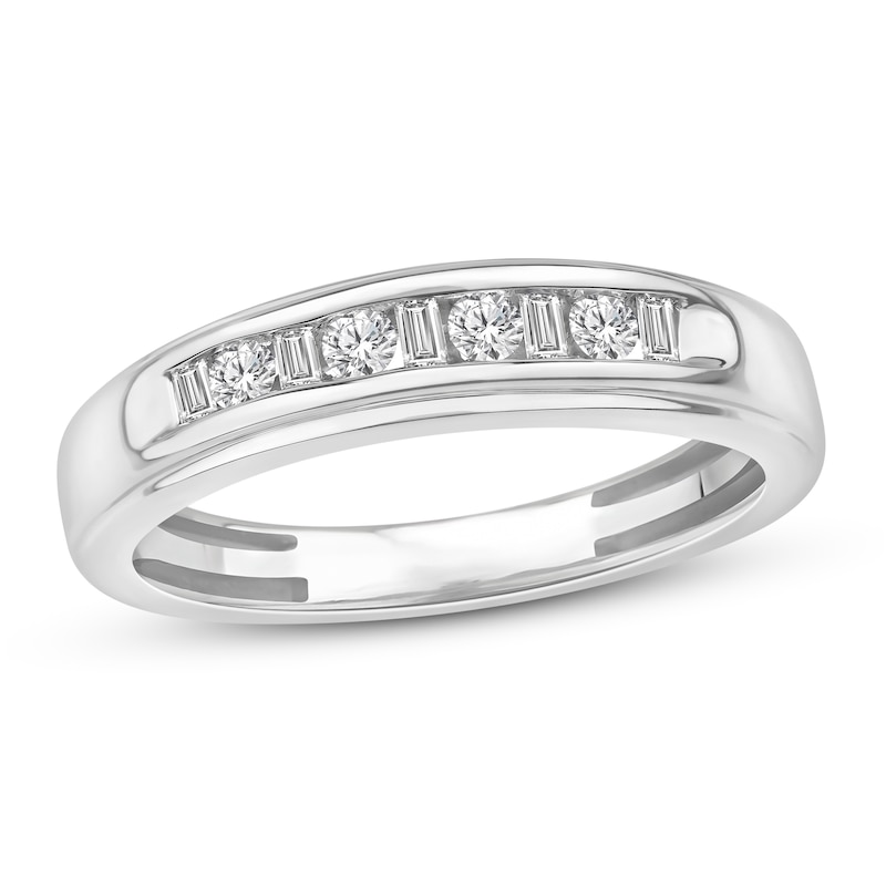 Men's Diamond Wedding Band 1/3 ct tw Round/Baguette 10K White Gold