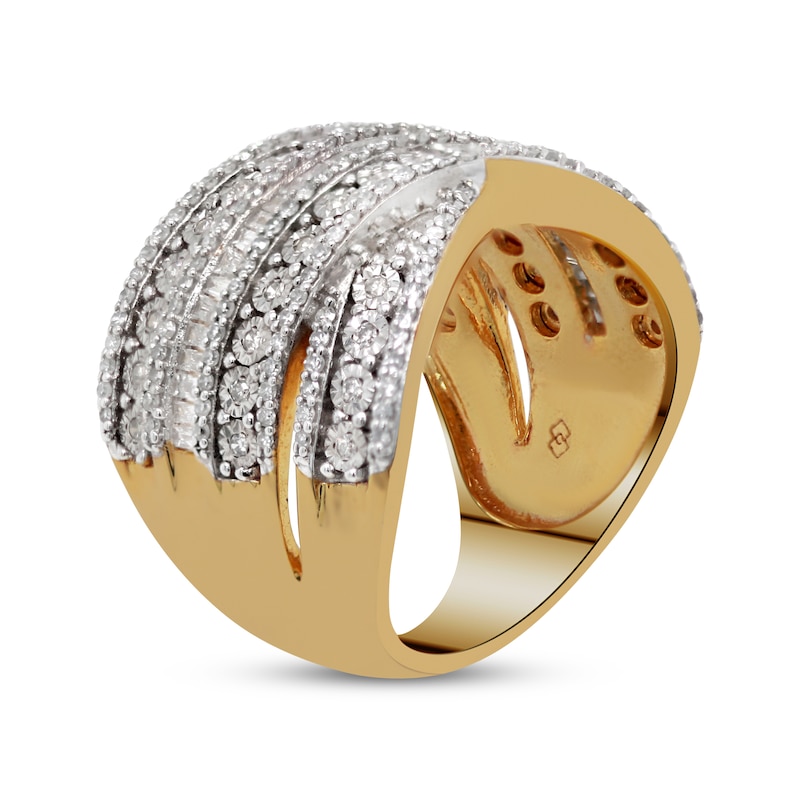 Diamond Crossover Ring 1 ct tw Round & Baguette-cut 14K Yellow Gold-Plated Sterling Silver