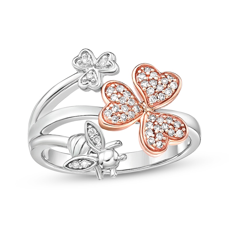Round-Cut Diamond Clover & Bee Ring 1/6 ct tw Sterling Silver & 10K Rose Gold