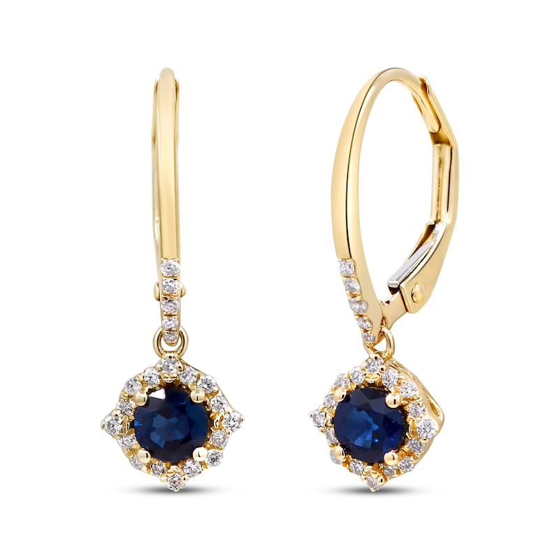 Round-Cut Blue Sapphire & Diamond Drop Earrings 1/6 ct tw 10K Yellow Gold