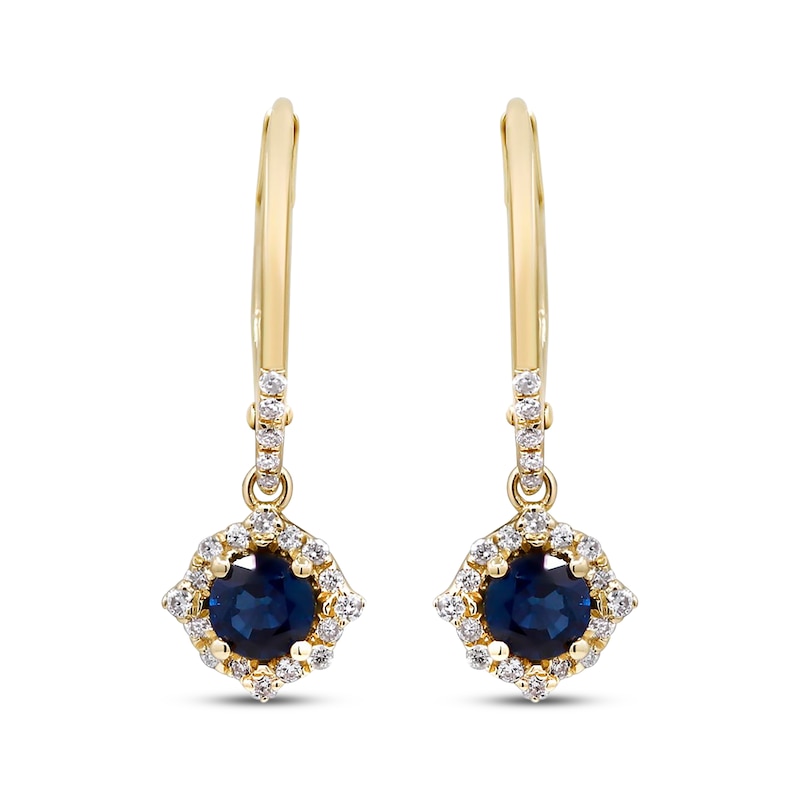 Round-Cut Blue Sapphire & Diamond Drop Earrings 1/6 ct tw 10K Yellow Gold