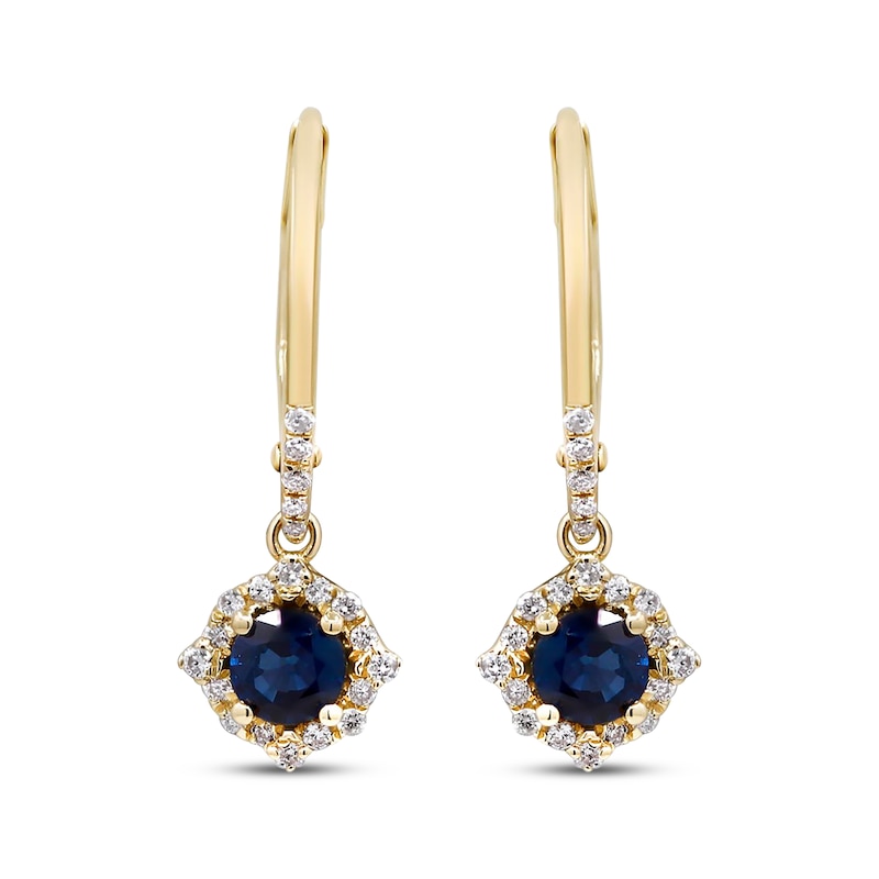 Round-Cut Blue Sapphire & Diamond Drop Earrings 1/6 ct tw 10K Yellow ...