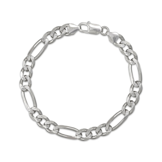 Diamond-Cut Figaro Chain Bracelet 7.2mm Solid Sterling Silver 8.5"