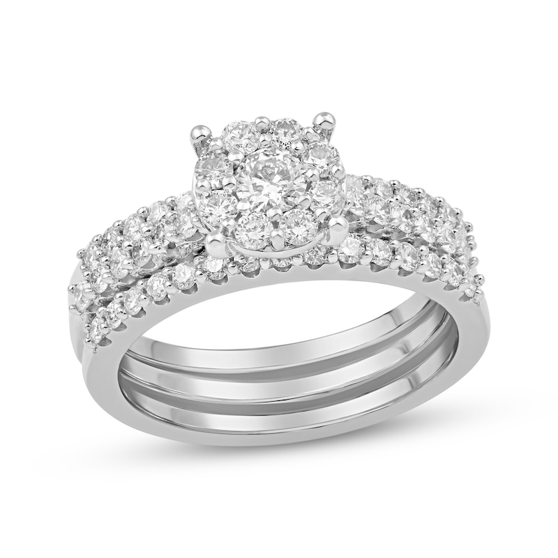 Round-Cut Diamond Three-Piece Halo Bridal Set 1 ct tw 10K White Gold