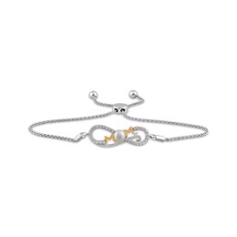 Cultured Pearl & White Lab-Created Sapphire &quot;Mom&quot; Infinity Bolo Bracelet Sterling Silver & 10K Rose Gold