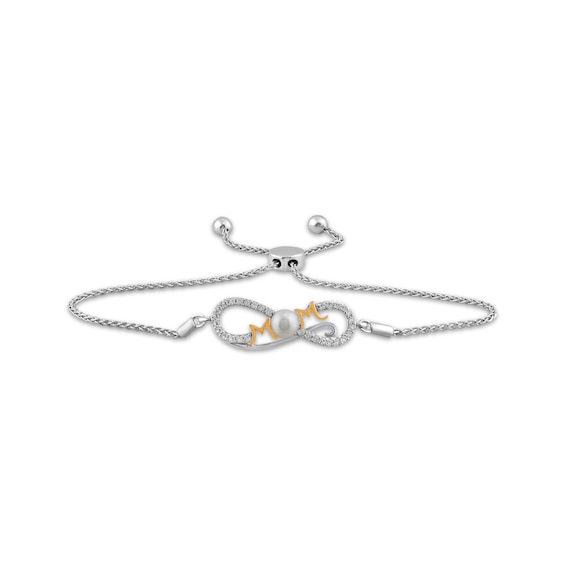 Cultured Pearl & White Lab-Created Sapphire "Mom" Infinity Bolo Bracelet Sterling Silver & 10K Rose Gold
