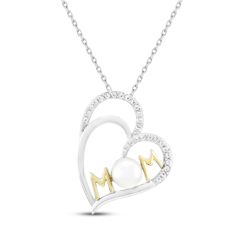 Main Image 1 of Cultured Pearl & White Lab-Created Sapphire "Mom" Double Heart Necklace Sterling Silver & 10K Yellow Gold 18"