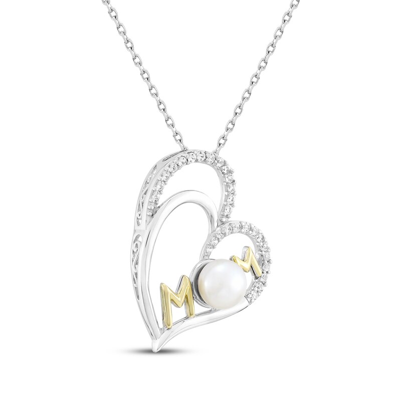 Main Image 2 of Cultured Pearl & White Lab-Created Sapphire "Mom" Double Heart Necklace Sterling Silver & 10K Yellow Gold 18"