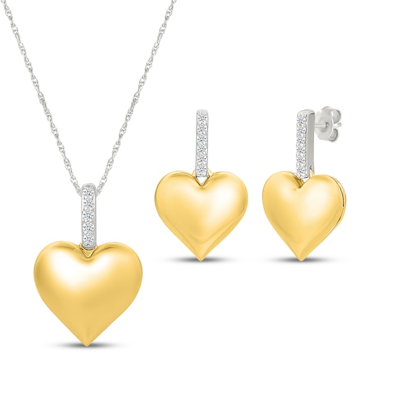 Diamond Polished Puff Heart Gift Set 1/6 ct tw 10K Yellow Gold & Sterling Silver