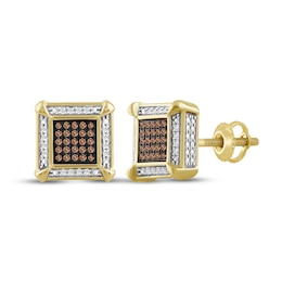 Men's Brown & White Diamond Square Stud Earrings 1/4 ct tw 10K Yellow Gold
