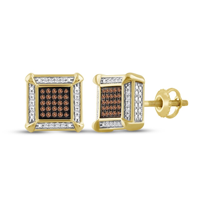 Main Image 1 of Men's Brown & White Diamond Square Stud Earrings 1/4 ct tw 10K Yellow Gold
