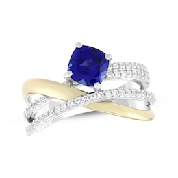 Cushion-Cut Blue Lab-Created Sapphire & White Lab-Created Sapphire Crossover Ring Sterling Silver & 10K Yellow Gold