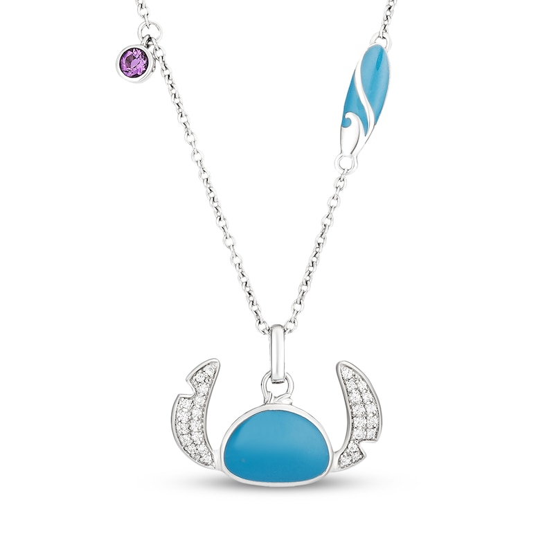 Main Image 1 of Disney Treasures Lilo & Stitch Amethyst, Diamond & Blue Enamel Necklace 1/10 ct tw Sterling Silver 18"