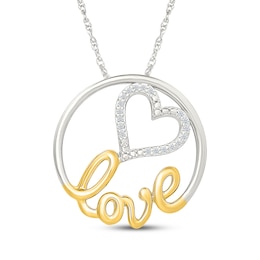Diamond "Love" Circle Heart Necklace 1/15 ct tw Sterling Silver & 10K Yellow Gold 18"