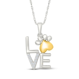 Diamond "Love" Paw Print Necklace 1/20 ct tw Sterling Silver & 10K Yellow Gold 18"