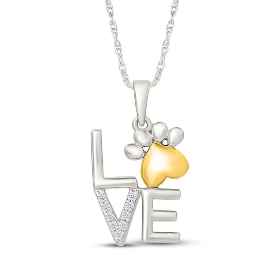 Diamond "Love" Paw Print Necklace 1/20 ct tw Sterling Silver & 10K Yellow Gold 18"
