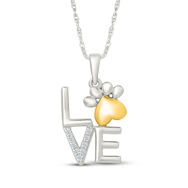 Main Image 1 of Diamond "Love" Paw Print Necklace 1/20 ct tw Sterling Silver & 10K Yellow Gold 18"