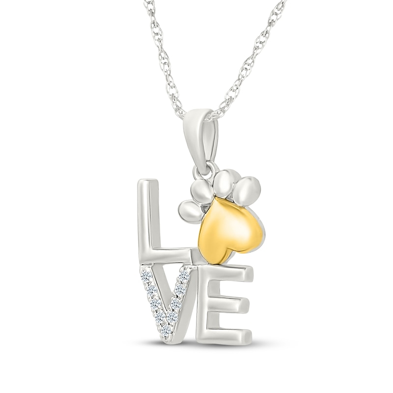 Main Image 2 of Diamond "Love" Paw Print Necklace 1/20 ct tw Sterling Silver & 10K Yellow Gold 18"