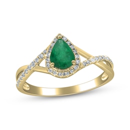 Pear-Shaped Natural Emerald & Diamond Halo Ring 1/5 ct tw 10K Yellow Gold