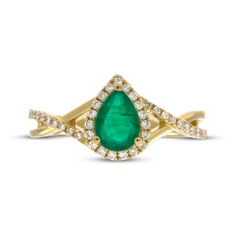 Main Image 3 of Pear-Shaped Natural Emerald & Diamond Halo Ring 1/5 ct tw 10K Yellow Gold