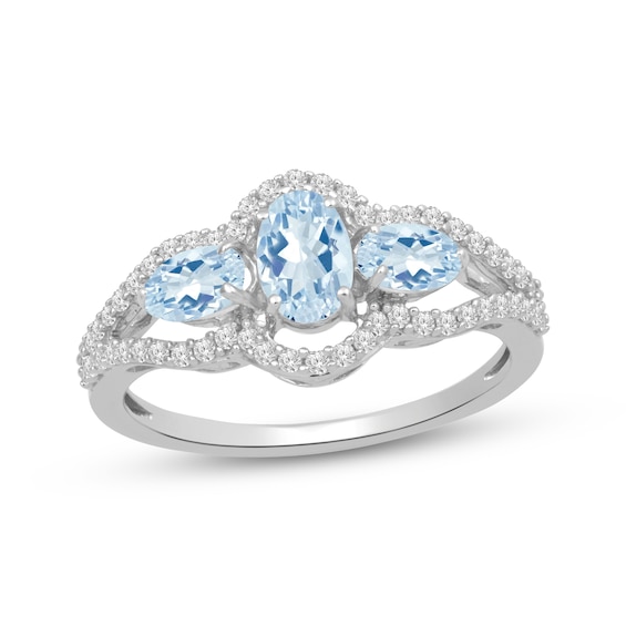 Oval-Cut Aquamarine & White Lab-Created Sapphire Three-Stone Ring Sterling Silver