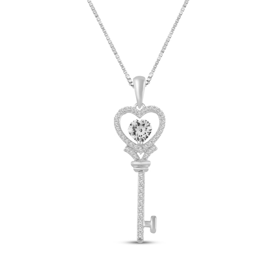 Heart-Shaped White Lab-Created Sapphire Key Necklace Sterling Silver 18"