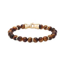 Men's Natural Tiger's Eye Beaded Fashion Bracelet 18K Yellow Gold-Plated Sterling Silver 8.5"