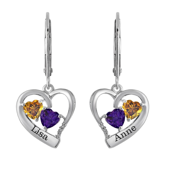 Birthstone Couple's Heart Earrings (2 Stones and Lines)