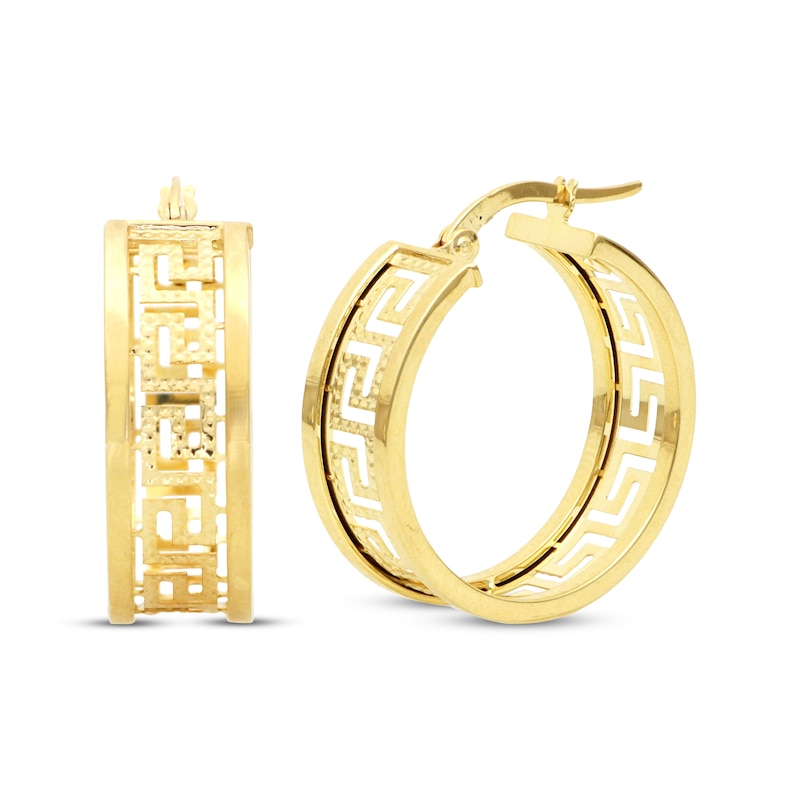 Main Image 1 of Textured Greek Key Openwork Hoop Earrings 26mm 10K Yellow Gold