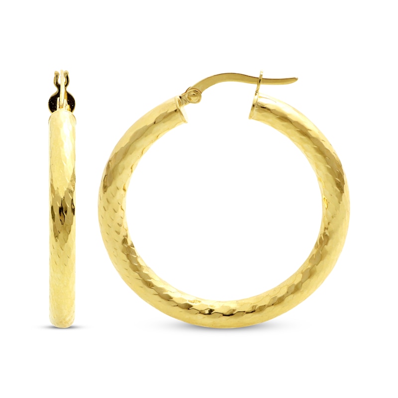 Main Image 3 of Diamond-Cut Patterned Round Hoop Earrings 25mm 10K Yellow Gold